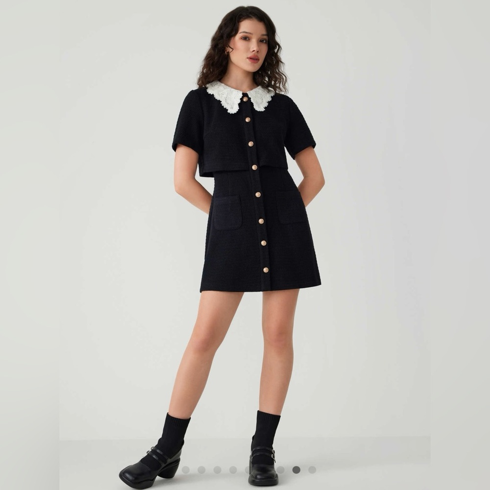 Cider Tweed Collar Solid Lace Mini Dress - Black size XS NWT